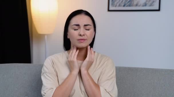 Terrible Pain His Throat Frustrated Young Woman Touching His Neck — Stock Video