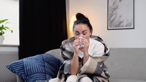 Young Woman Sits Couch Home Plaid Sneezing Napkin Feels Weak — Stock Video