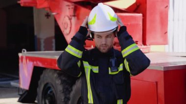 Donanımlı kostümlü yakışıklı itfaiyecinin portresi bir kask takıyor ve kameraya bakıyor..