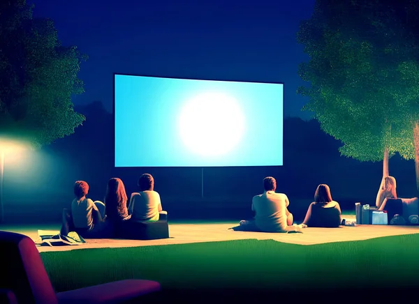 Illustration of an outdoor cinema or drive cinema at night