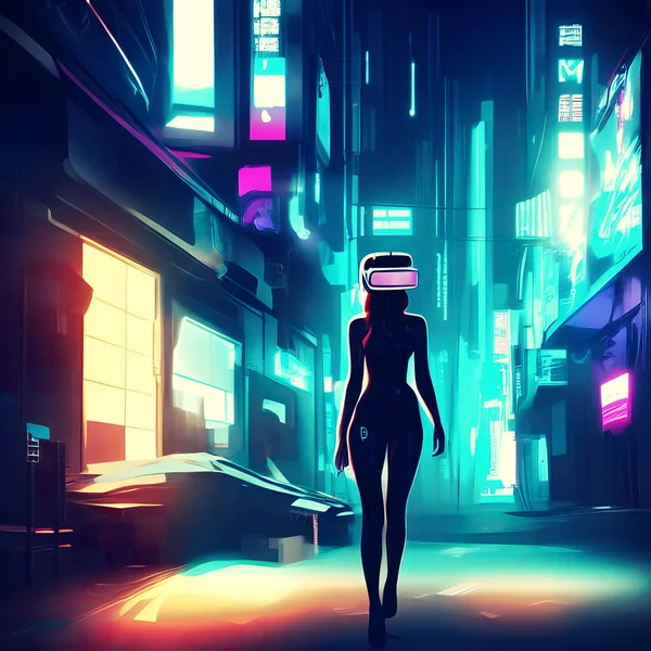 Concept of a woman using virtual reality in a cyberpunk city