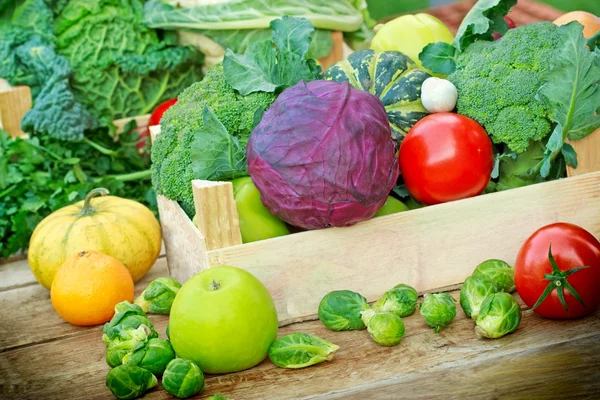 Fresh fruits and vegetables in a creates — Stock Photo, Image