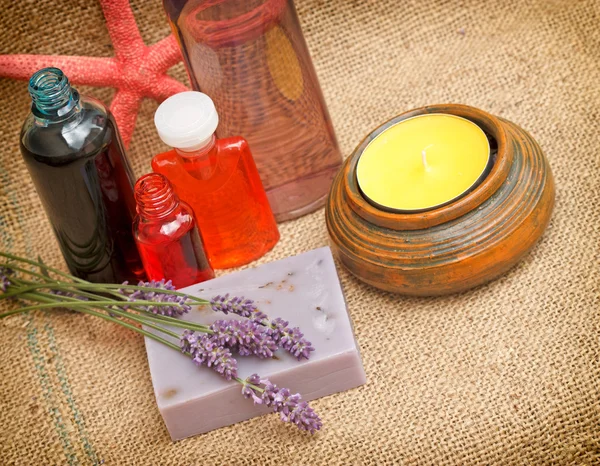 Spa treatment with lavender soap and lavender oil — Stock Photo, Image