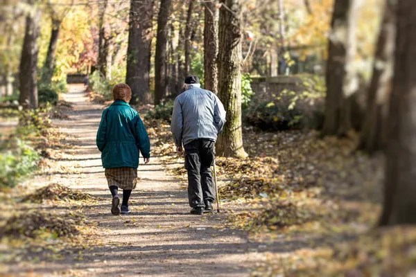 Birkaç Emekli Emekli Parkta Yürüyor Güzel Bir Sonbahar Günü Emeklilik — Stok fotoğraf