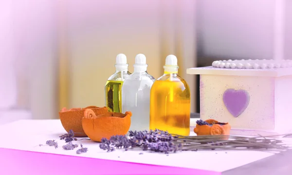 Essential Oil Table Essential Lavender Oil Massage Treatment Arromatherapy Spa — Stock Photo, Image