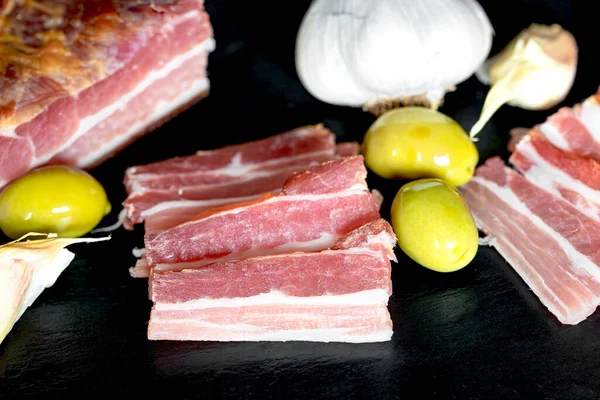 Fatia Bacon Seca Defumada Deliciosa Comida Delicatessen — Fotografia de Stock