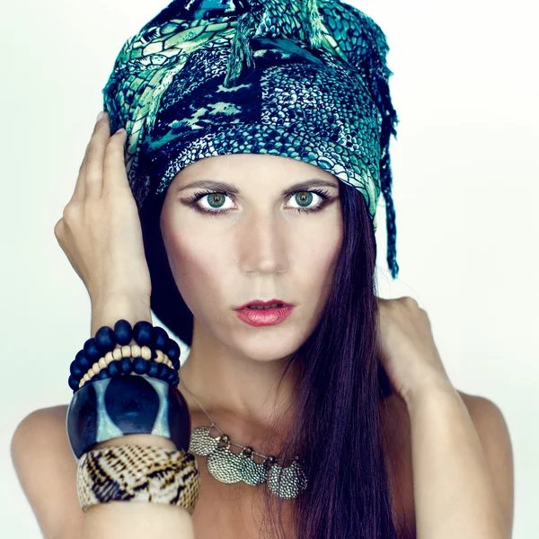 Portrait of a girl in a fashionable scarf — Stock Photo, Image