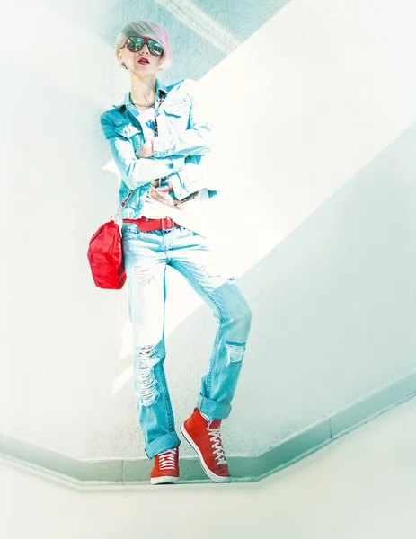Portrait of stylish girl in denim — Stock Photo, Image