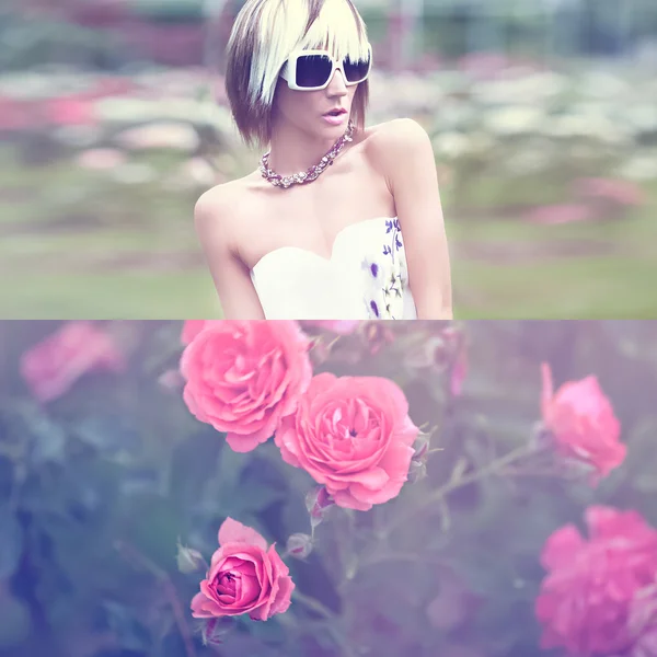 Çiçekler şehvetli moda bayan — Stok fotoğraf