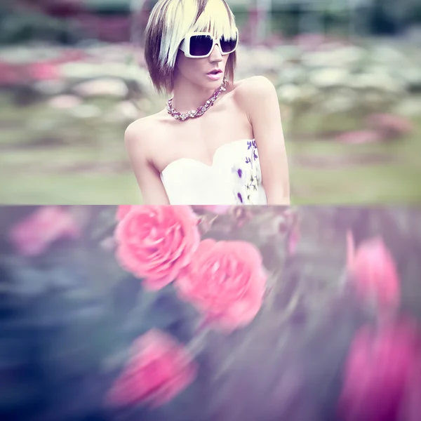 Sensual fashion lady in the flowers — Stock Photo, Image