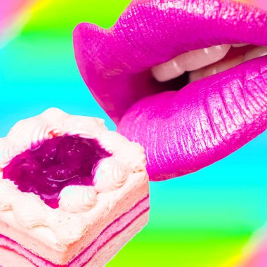 Contemporary minimal pop surrealism collage. Lips eating yummy cake. Calories, diet, sweet food addictions concept clipart
