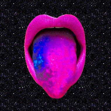 Contemporary minimal pop surrealism collage art. Sensual lips with cosmic tongue. Abstraction space concept. clipart