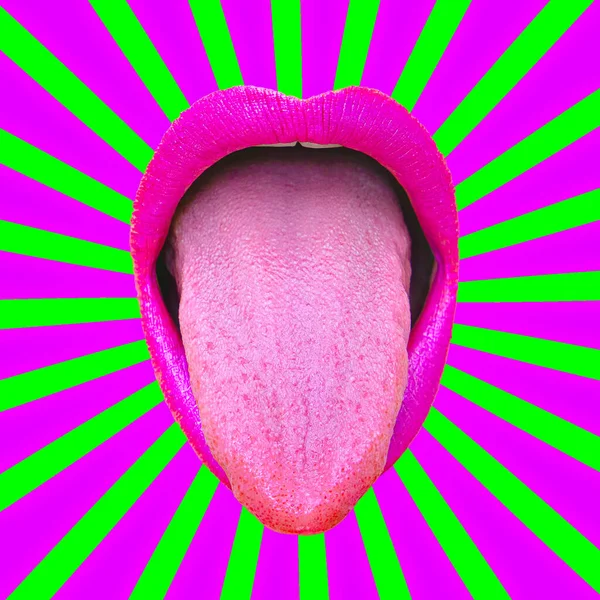 現代的なミニマルポップシュールレアリズムのコラージュ 幾何学的な空間で唇舌 感情とパーティーの概念 — ストック写真