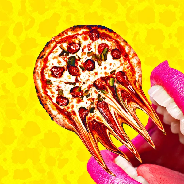 Contemporary Minimal Pop Surrealism Collage Art Mouth Eating Pizza Calories — Stock Photo, Image