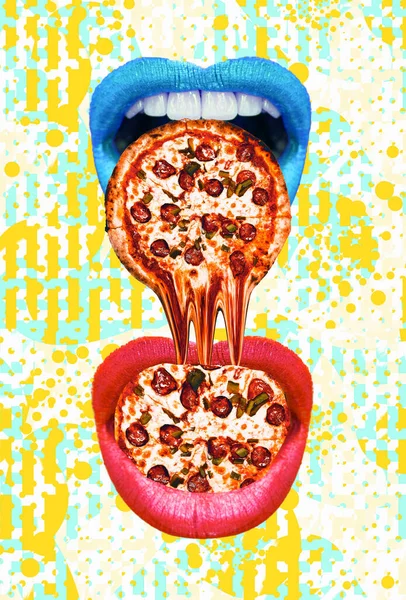 Contemporary Minimal Pop Surrealism Collage Lips Eating Pizza Calories Diet — Stock Photo, Image