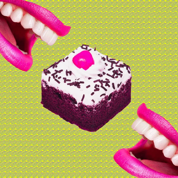 Colagem Surrealismo Pop Mínimo Contemporâneo Lábios Comer Bolo Calorias Dieta — Fotografia de Stock