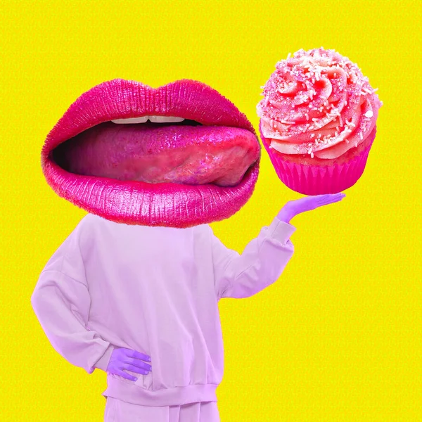 Contemporary minimal pop surrealism collage. Funny Lips character holding yummy cake. Calories, diet, sweet food addictions concept