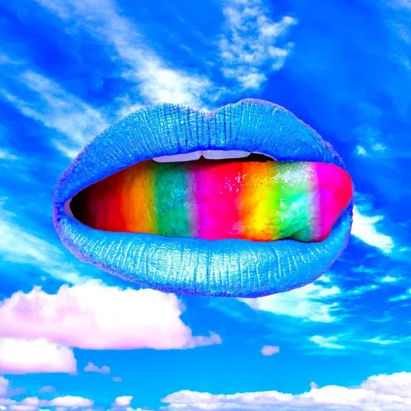 当代最低限度的流行超现实主义拼贴艺术 天空自由彩虹嘴 Lgbtq概念 — 图库照片