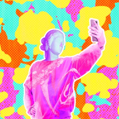 Çağdaş sanat konsepti kolajı. Antika heykel başı ve insan vücudu. Kadın selfie aşığı. Zine ve buhar dalgası kültür titreşimleri