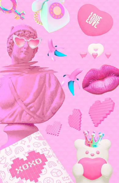 Eigentijdse Minimale Collage Kit Behang Antieke Standbeeld Man Roze Liefde — Stockfoto