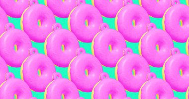 Kusursuz 3D çizim kalıbı. Pankart. Minimum tasarım. Pembe çörekler, şekerci dükkanı, parti konsepti.