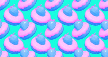 Kusursuz 3D çizim kalıbı. Pankart. Minimum tasarım. Çörek ve çilek. Şeker dükkanı, Sevgililer Günü, doğum günü partisi konsepti