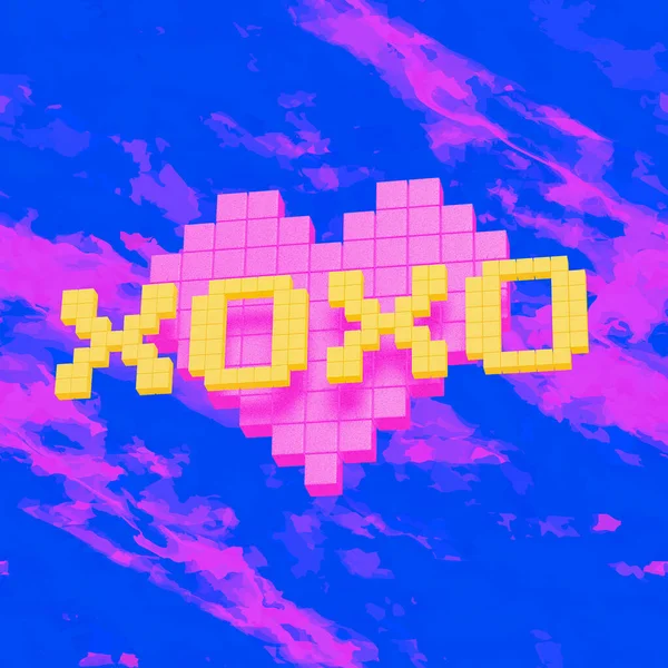 3D渲染时尚杂志拼贴艺术 Pixel Heart Text Xoxo 情人节 生日派对 恭喜你 — 图库照片