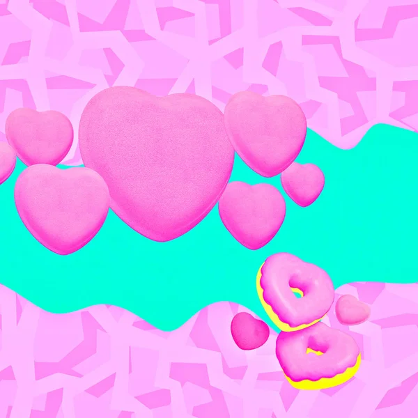 3D渲染时尚杂志拼贴艺术 甜糖粉的心 情人节 生日派对 恭喜你 — 图库照片