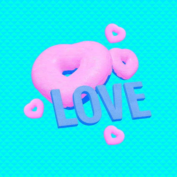 Renderizar Arte Colagem Moda Corações Donuts Texto Amor Espaço Azul — Fotografia de Stock