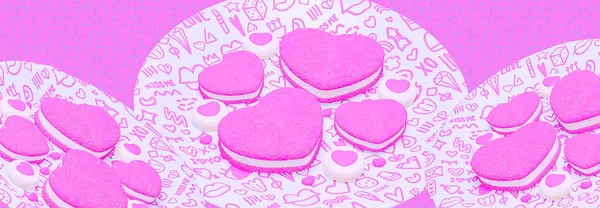 三维渲染时尚拼贴横幅 甜糖果粉红饼干心和创意盘 情人节 生日派对 恭喜你 — 图库照片