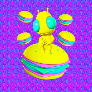 Minimalist stilize kolaj sanatı. Üç boyutlu komik uzaylılar ve şık hamburger mekanları. Fast food aşığı kavramı