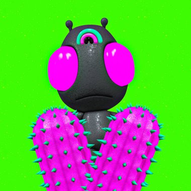 Minimalist stilize kolaj sanatı. 3D görüntüleme Komik uzaylı ve kaktüs renkli kozmik titreşimler.