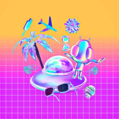 Minimalist stilize kolaj sanatı. Tatil tatilindeki komik uzaylıları tropikal kozmik uzayda üç boyutlu görüntülemek. Seyahat aşığı kavramı