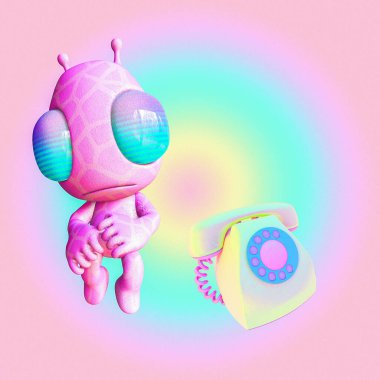 Minimalist stilize kolaj sanatı. 3 boyutlu görüntüleme. Altüst olmuş uzaylı ve antika telefon. Yalnızlık