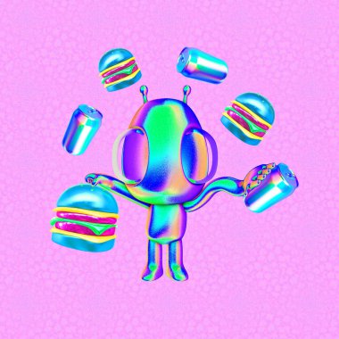 Minimalist stilize kolaj sanatı. 3 boyutlu görüntüleme. Komik Yaratık ve Hamburger teslimatı. Kozmik trend titreşimleri