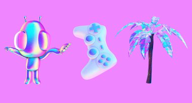 3D canlandırma etiketi yaratıcı komik uzaylılar ve şık nesneler. Kozmik trend titreşimleri