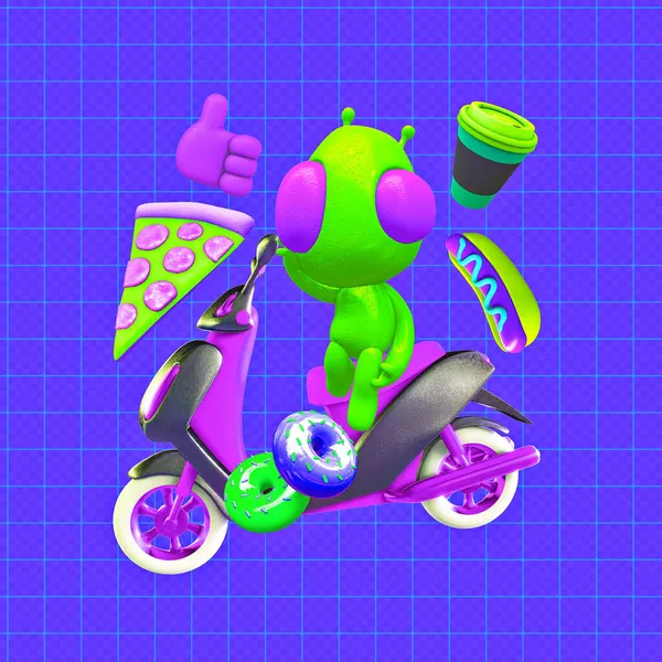 Minimalistic Stylized Collage Art Render Funny Aliens Scooter Food Delivery — Stock Photo, Image