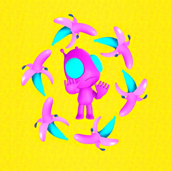 Minimalista Stilizált Kollázs Művészet Renderelés Vicces Idegenek Rózsaszín Banánok Kozmikus — Stock Fotó