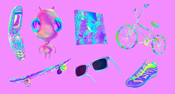 Render Hipster Sticker Set Kreative Lustige Aliens Und Stilvolle Objekte — Stockfoto