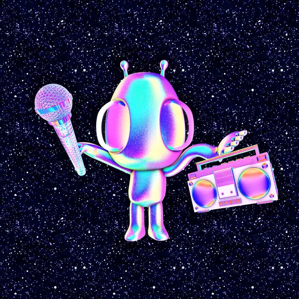 Minimalistisch Stilisierte Collagenkunst Darstellung Lustige Alien Und Kosmische Karaoke Party — Stockfoto