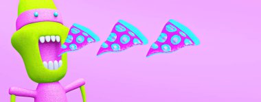 Minimalist stilize kolaj afişi sanatı. 3D canlandırma sahnesi komik aç karakter ve pizza. Fast food konsepti