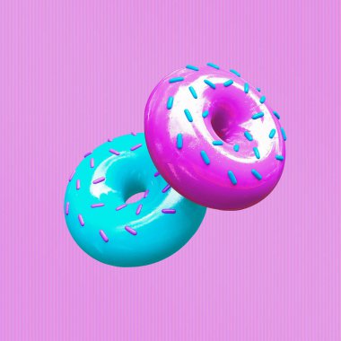 Minimalist stilize kolaj sanatı. Pembe arka planda 3D biçiminde donut tasarımı