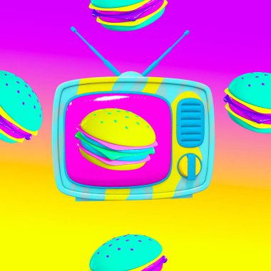 Minimalist stilize kolaj sanatı. 3D retro televizyon burgeri. Fast food aşığı kavramı