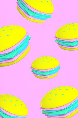 Çok az duvar kağıdı var. Yaratıcı hamburgerler pembe arka planda 3D görüntüleme. Fast food konsepti