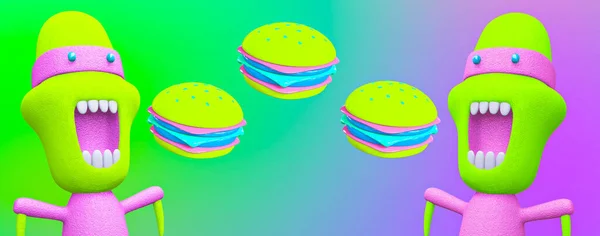简约风格的拼贴横幅艺术 3D渲染场景有趣饥饿的性格和汉堡 快餐概念 — 图库照片