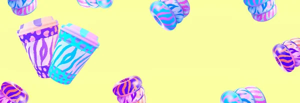 三维渲染创意食品横幅 色彩艳丽的咖啡杯和甜甜圈 咖啡馆 商店概念 — 图库照片