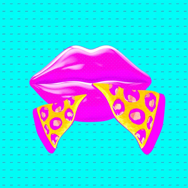 ミニマルなスタイルのコラージュアート 3Dはスタイリッシュなピザや唇をレンダリングします ファーストフードの恋人の概念 — ストック写真