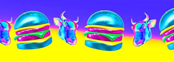 简约风格的拼贴横幅艺术 3D渲染时尚的霓虹灯汉堡和公牛头 快餐爱好者概念 — 图库照片
