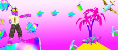 Minimalist stilize kolaj afişi sanatı. 3D komik karakterler ofis müdürü At tatilin hayalini kurar.