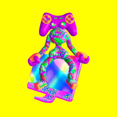 Minimalist stilize kolaj sanatı. 3D komik karakter Game Pad. Yaratıcı oyun konsepti